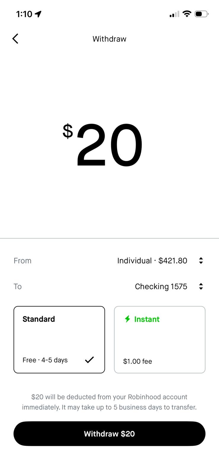 Withdraw speed selection (Standard vs Instant)