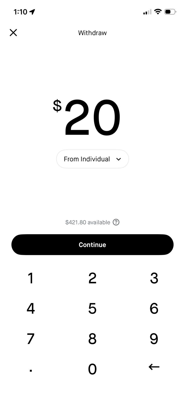 Withdraw amount entry